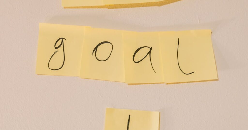 Sticky notes with the text 'our goal' on a wall emphasizing objectives.